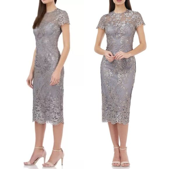 NWT JS Collections Size 8 Lace Embroidered Sheath Dress Taupe Illusion Overlay - Picture 1 of 14